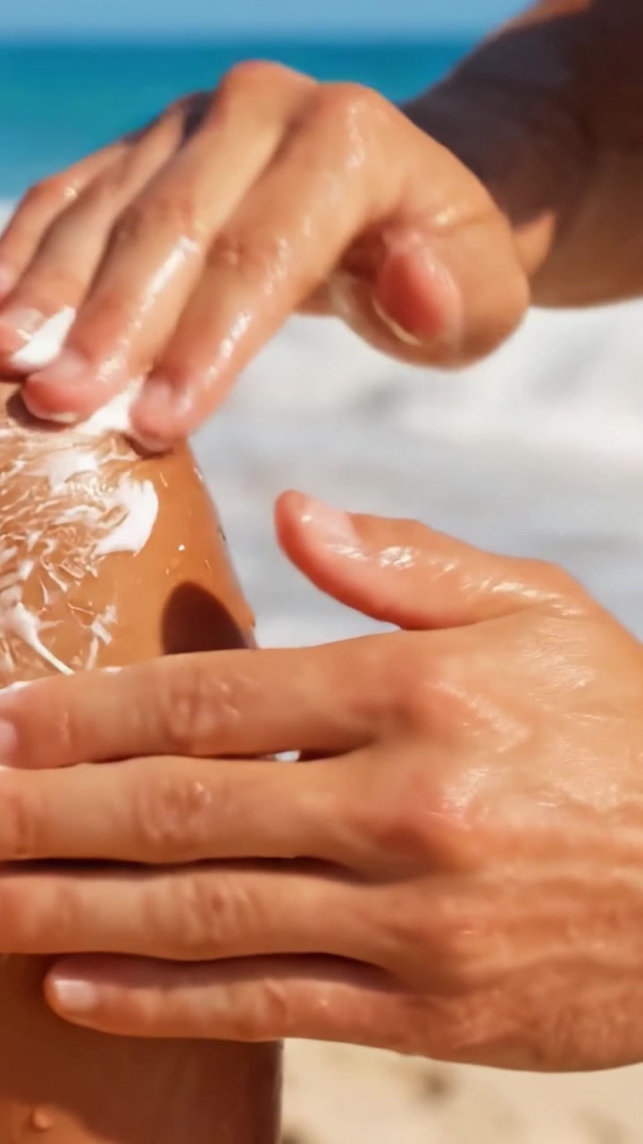 Applying Sunscreen at the Beach: A Refreshing Day in the Sun with Care for Skin Protection and Enjoyment by the Water's Edge
