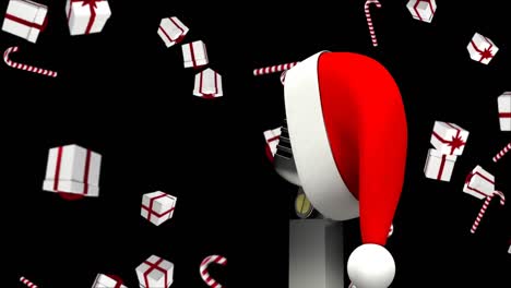 Animation-Einer-Weihnachtsmütze-Auf-Einem-Vintage-Mikrofon-Mit-Fallenden-Weihnachtsgeschenken-Auf-Schwarzem-Hintergrund