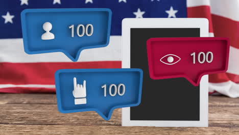 a flag behind a tablet and icons for social media