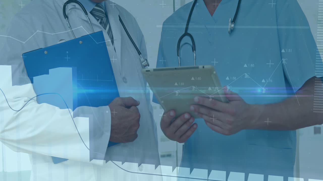 Video verticale: Due medici in clinica che tengono in mano un tablet beige e una cartella blu, con sovrapposizioni grafiche in aumento.
