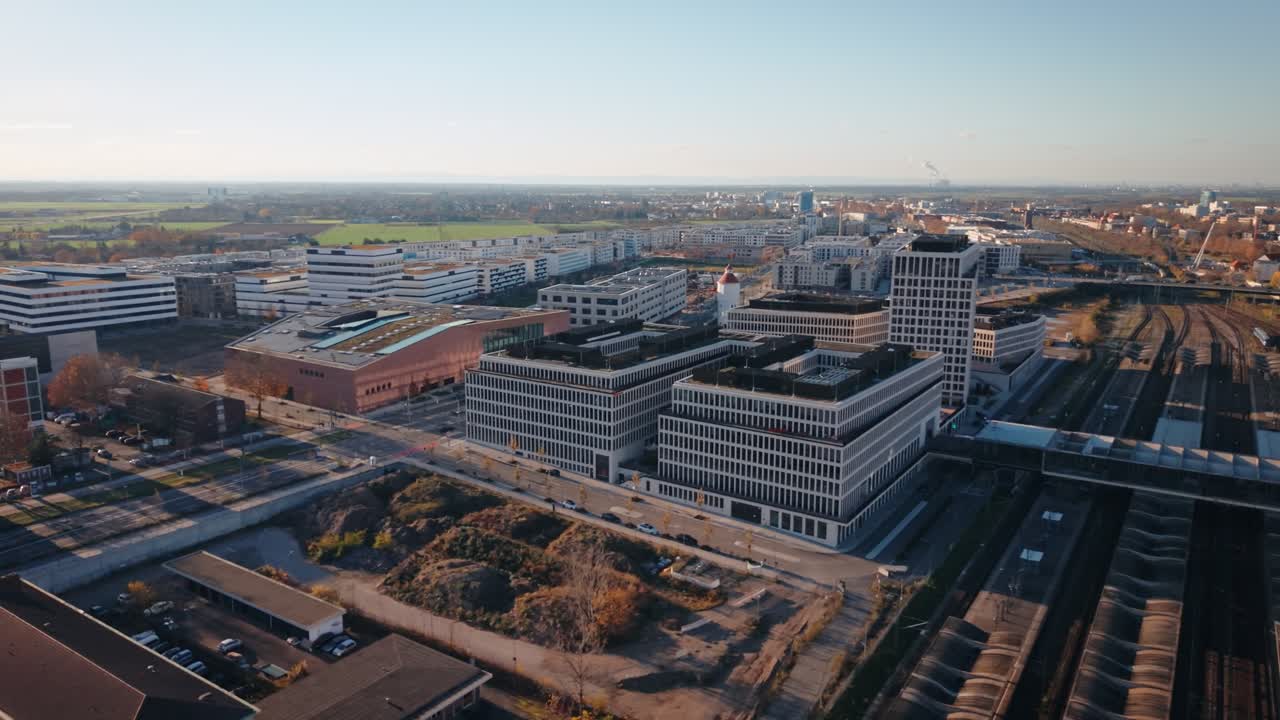 Architectural Precision: Drone Perspective of Modern Facades and Grid-Like Layout in Heidelberg's Sustainable Urban District