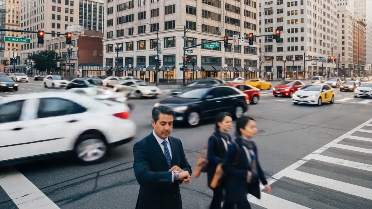 A Busy City Intersection Showcasing the Hustle and Bustle of Urban Life, with People Crossing Streets and Traffic Flowing Across the Intersection