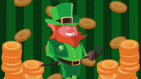 feliz día de san patricio animación con leprechaun y monedas del tesoro