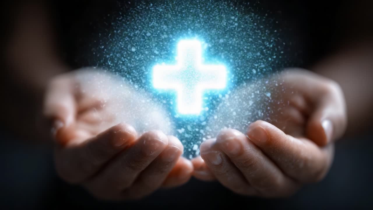 A Healing Gesture: Two Hands Embracing a Glowing Plus Sign Symbolizing Hope and Wellness Amidst a Sparkling Aura