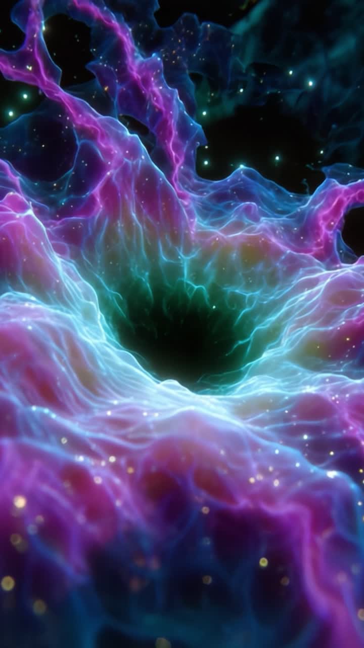 Una visualizzazione mozzafiato di energia cosmica che scorre attraverso una nebulosa vibrante e luminosa nello spazio profondo, catturando il mistero della vastità dell'universo.