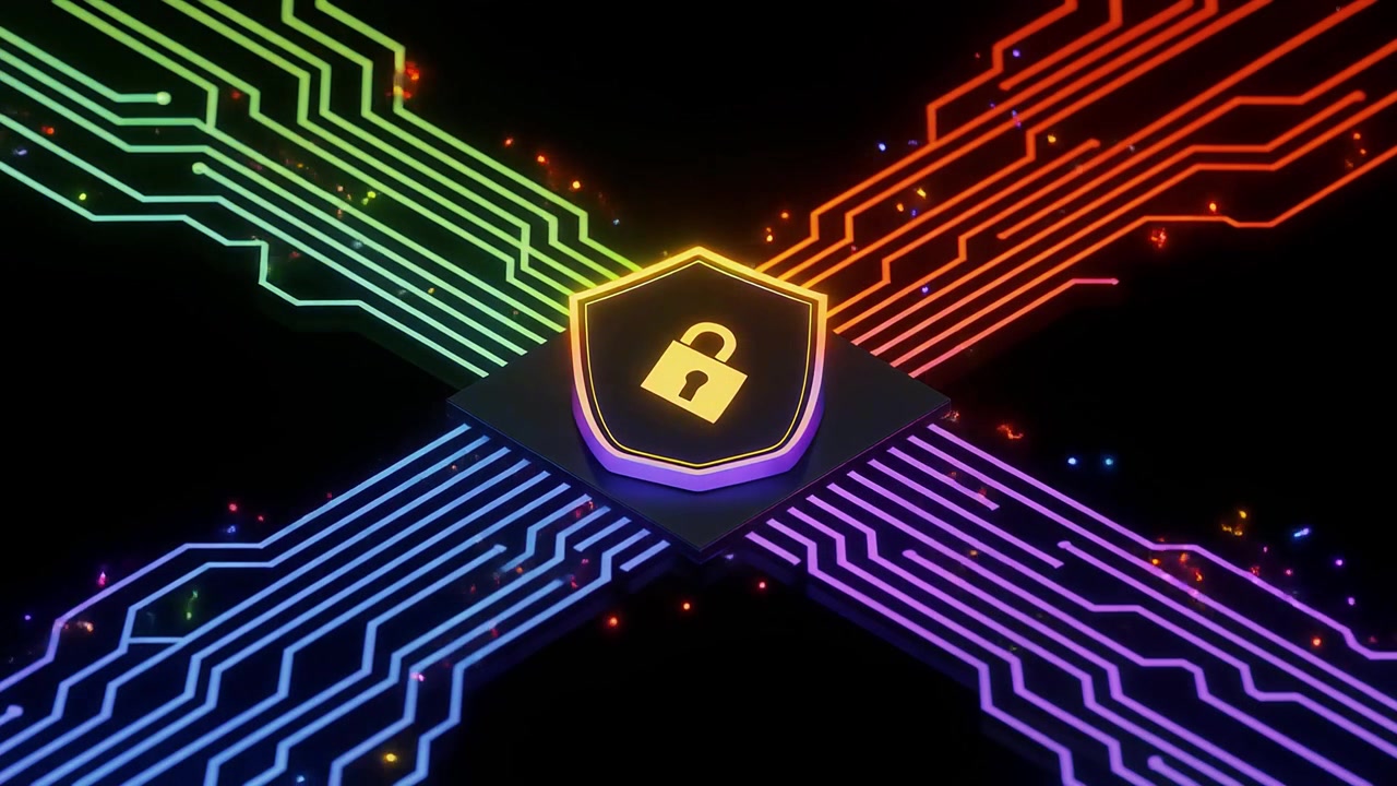 Scudo di cybersicurezza animato con lucchetto sbloccato e flusso di dati luminoso