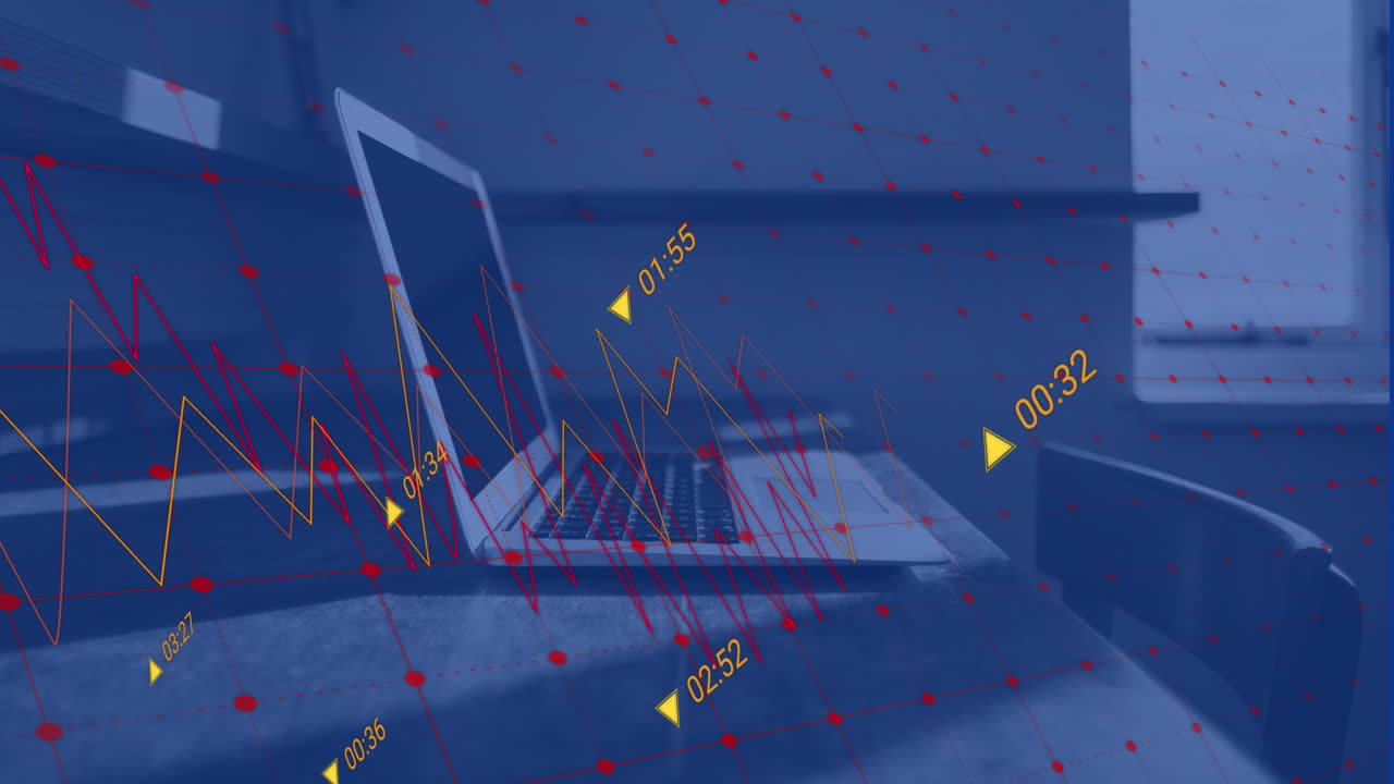 사무실 책상에 있는 노트북에 대한 그리드 네트워크를 통해 통계 데이터 처리의 애니메이션
