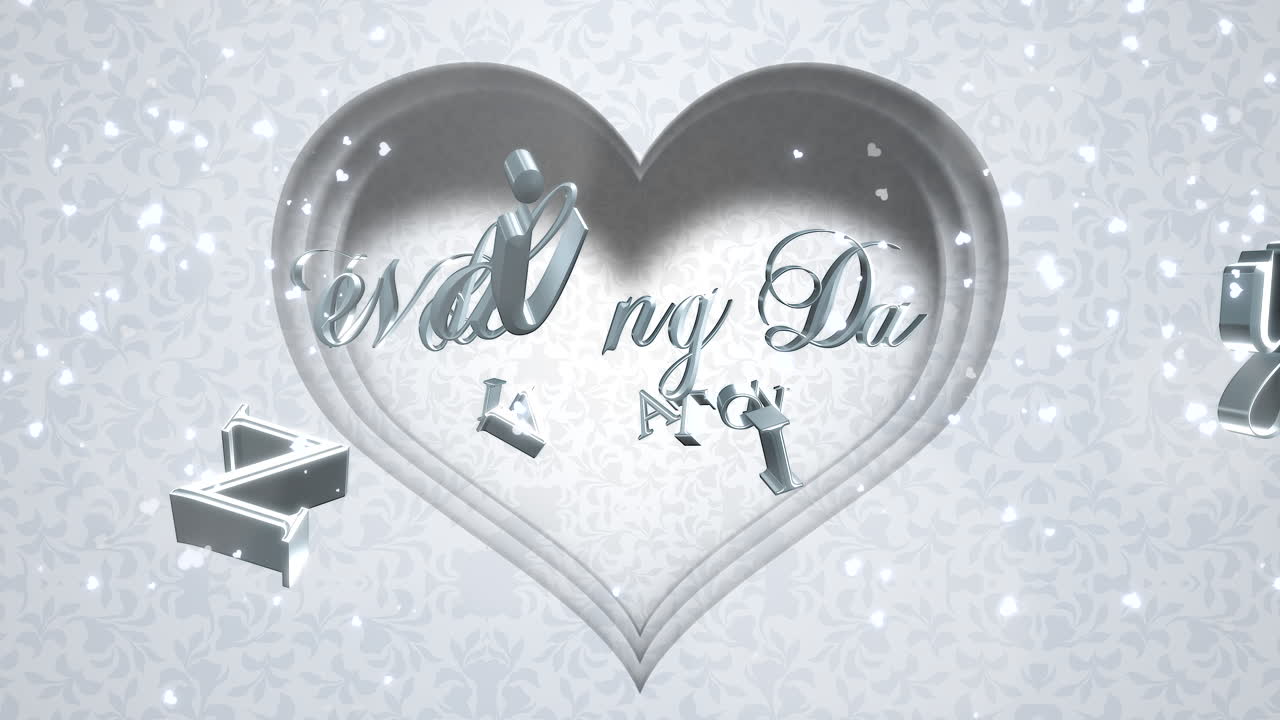 근접 촬영 텍스트 결혼식 날과 플라이 글리터와 사랑의 하얀 마음