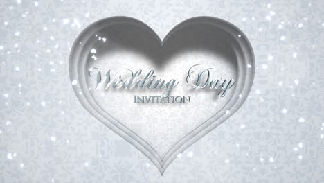 Closeup-text-Wedding-Day-and-white-hearts-of-love-with-fly-glitters