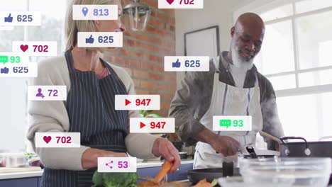 cooking together in kitchen, diverse couple receiving social media notifications