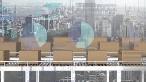 animation of financial data processing over boxes on conveyor belts and cityscape