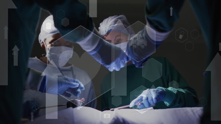 Animation of arrows and icons over diverse surgeons operating on patient at hospital