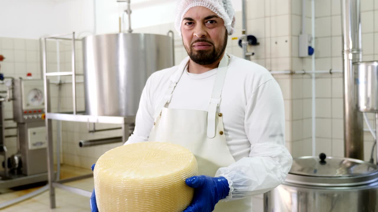 fabricante de queso que muestra gran forma de queso diario fábrica de queso