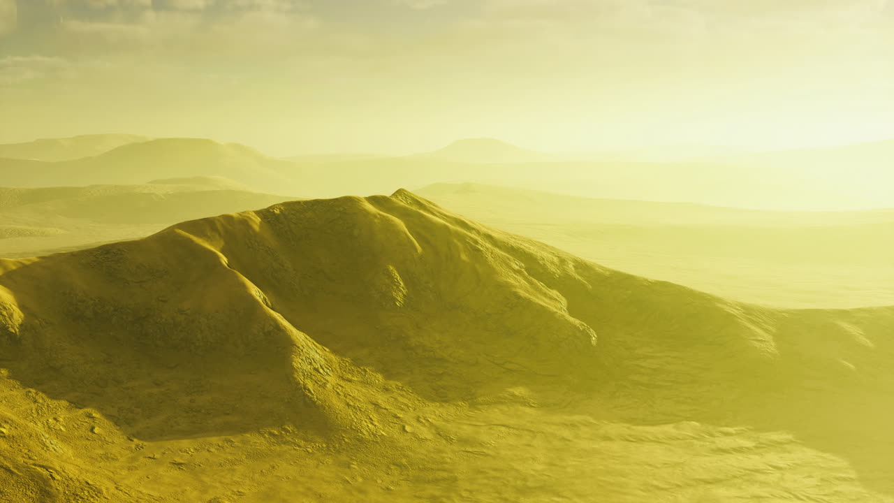 Endless golden hills stretch across the horizon under a soft yellow sky