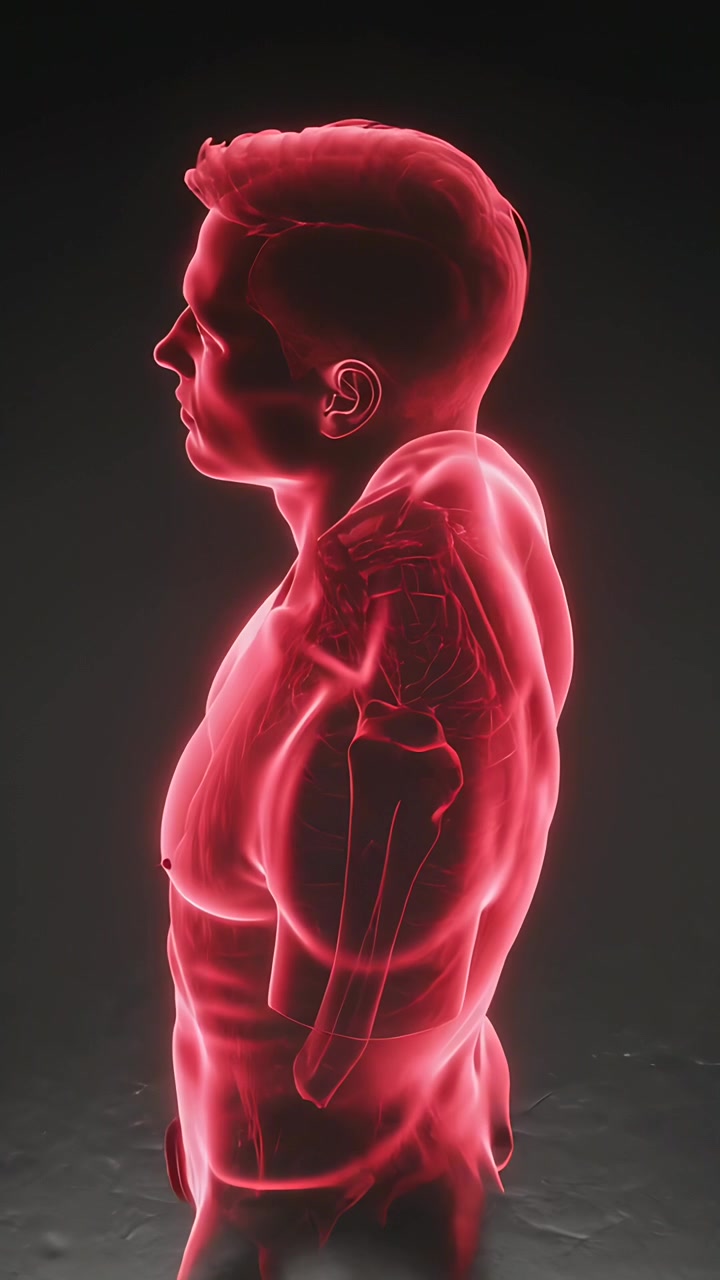 Video verticale: Telecamera orbitante che mostra un busto anatomico rosa neon che ruota sul pavimento, evidenziando le linee ossee.