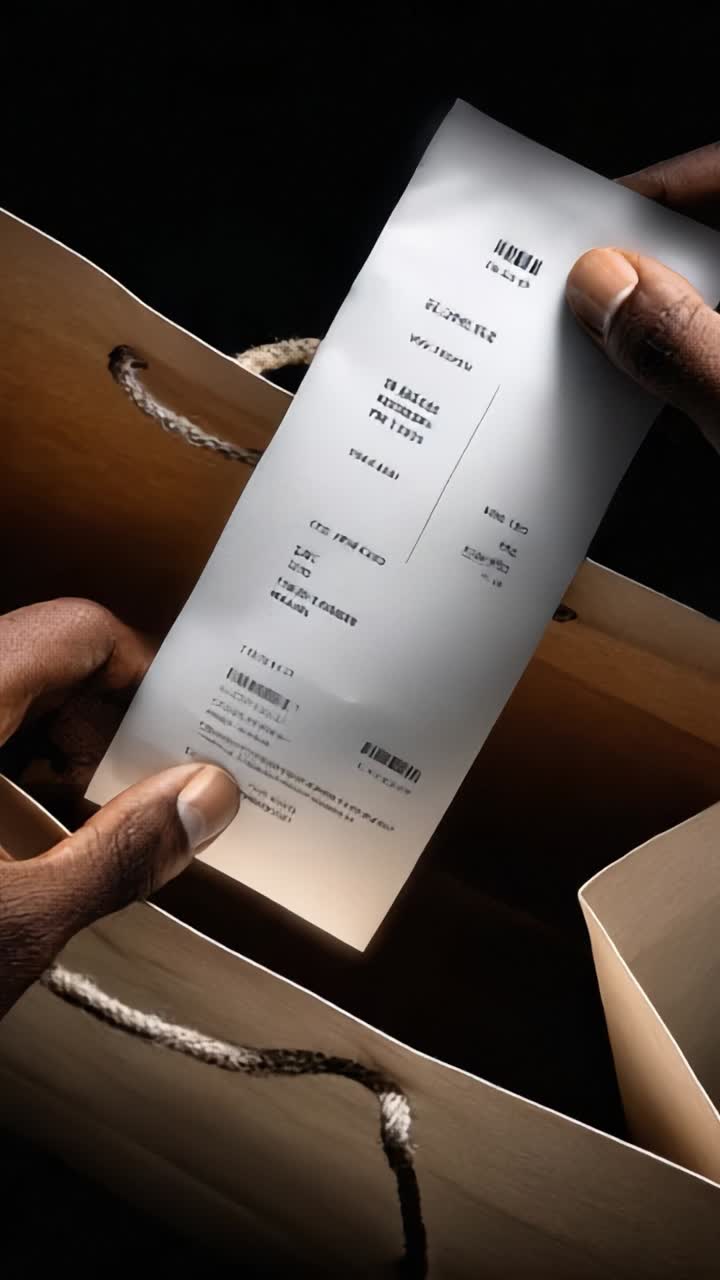 A Close-Up View of a Receipt Being Held Above an Open Paper Shopping Bag in Low Light, Highlighting Transaction Details and Shopping Experience