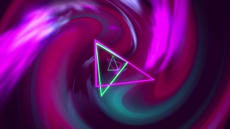 blue and pink neon triangles moving over pink glowing light swirl on black background