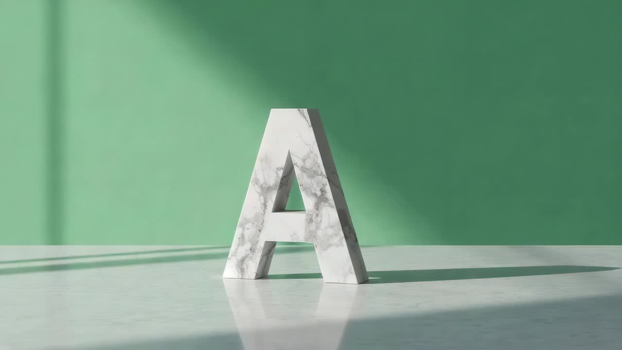 Starting cool beam illuminating marble letter A on shiny table against green wall warming to gold