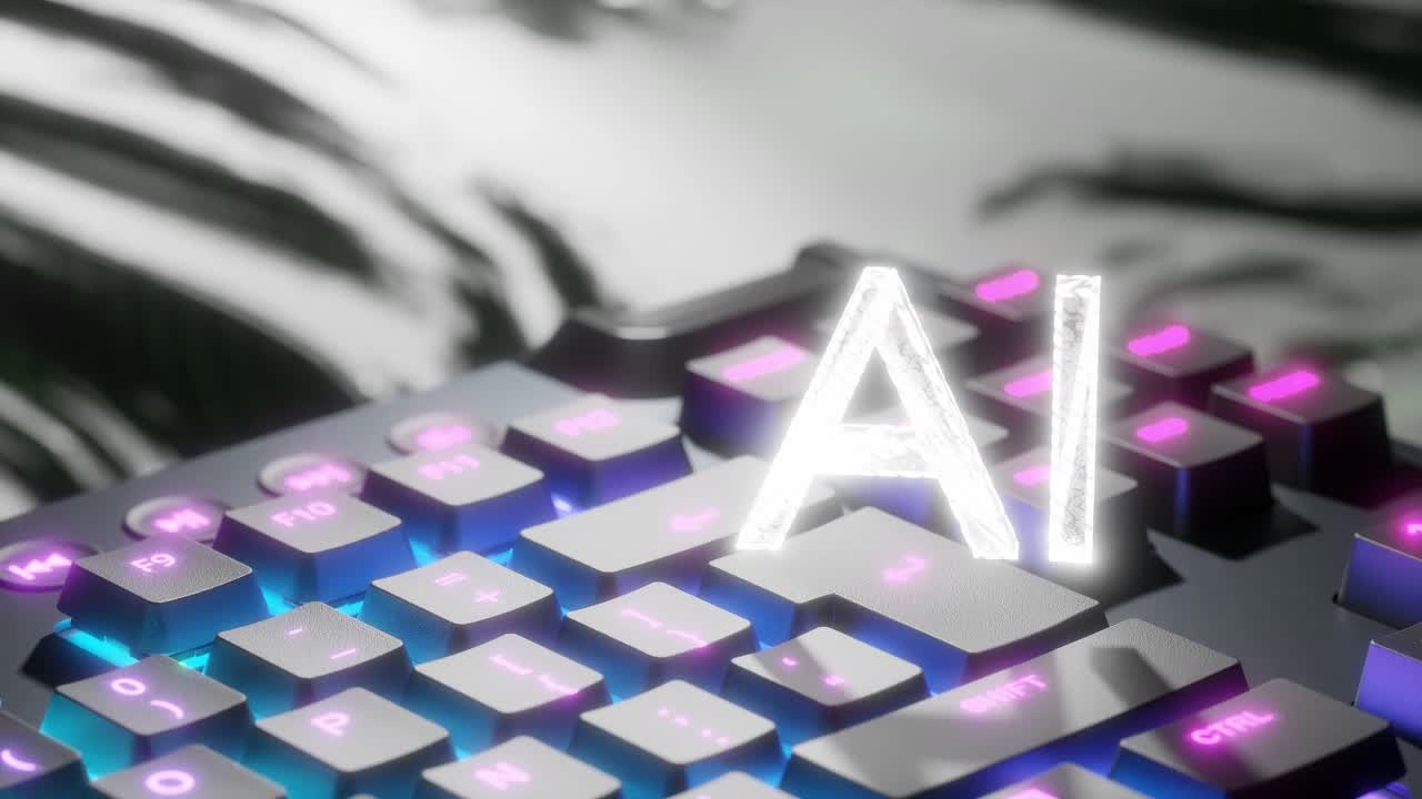 Glowing white letters AI above illuminated computer keyboard with digital background. Artificial intelligence and technology concept. Design for banner, poster, wallpaper, header, vertical