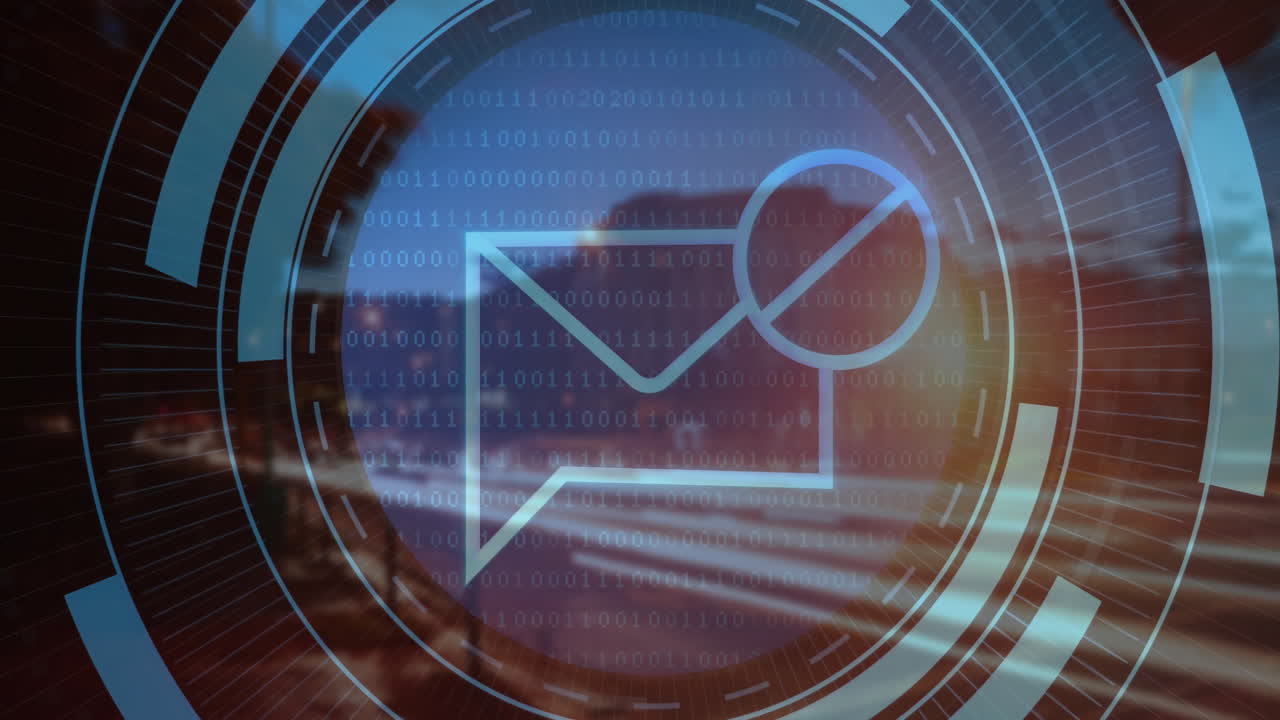 Animation of binary coding and envelope icon over cityscape