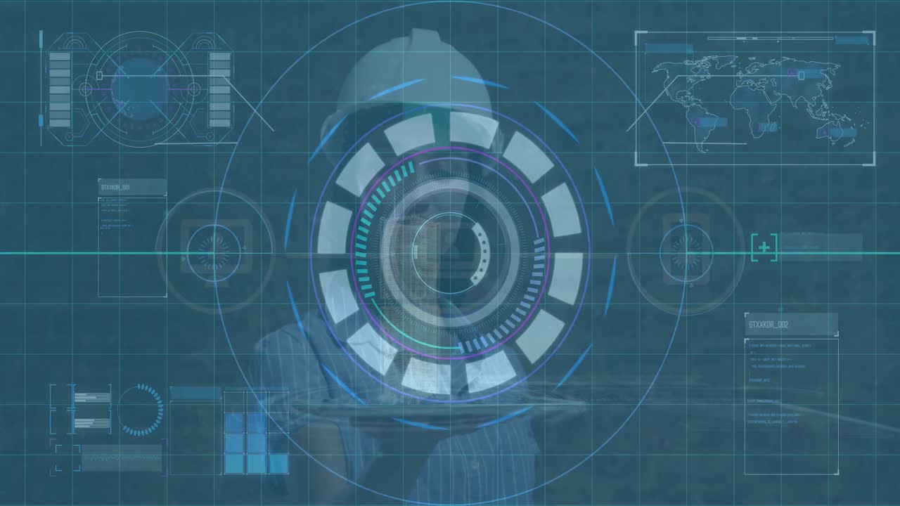 Animation of data processing and scope scanning over biracial businesswoman