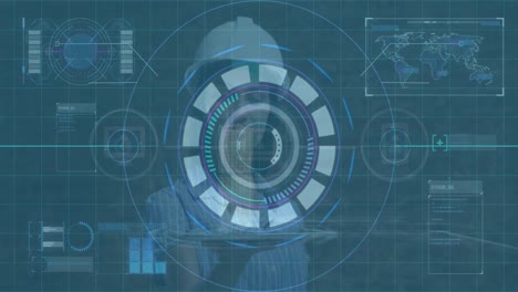 animation of data processing and scope scanning over biracial businesswoman