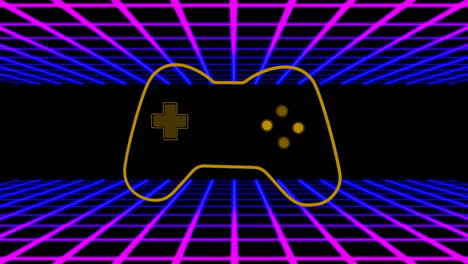 animación del contorno del controlador de juego retro sobre el fondo de la cuadrícula de neón
