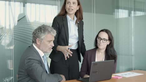 young serious businesswoman gesturing and explaining project