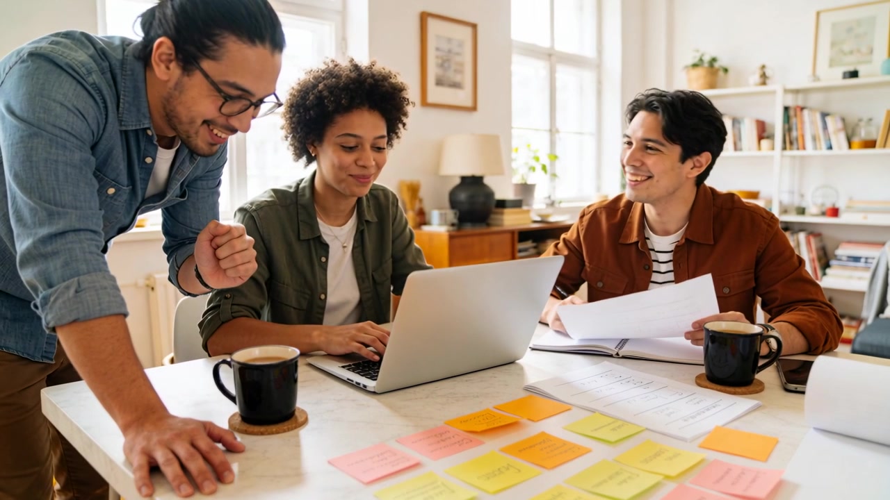 Pointing colleague guiding team typing on laptop and planning with sticky notes in cozy home office