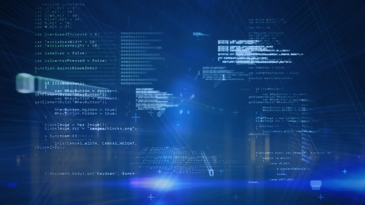 Animation of data processing and binary coding over blue background