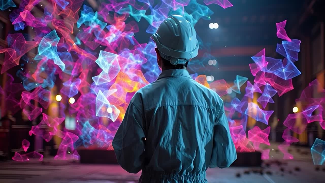 Worker observes vibrant light display in industrial setting