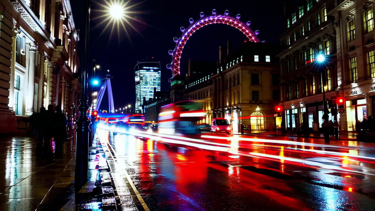 London Eye at Night with Rainy Cityscape