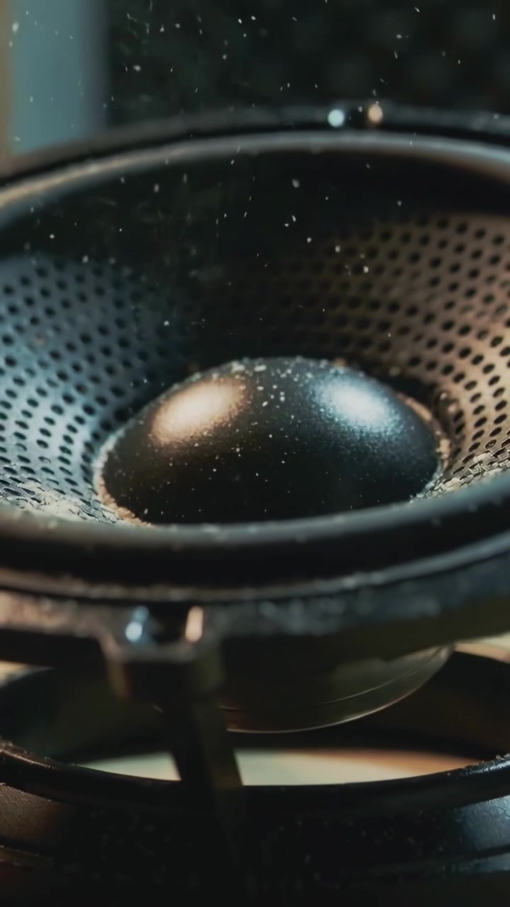 Vertical video: Receiving audio signal, speaker driver pulsing and lifting dust in studio close-up
