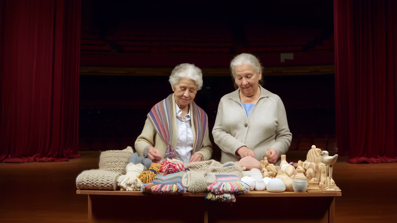 Elderly women selling crafts on a stage