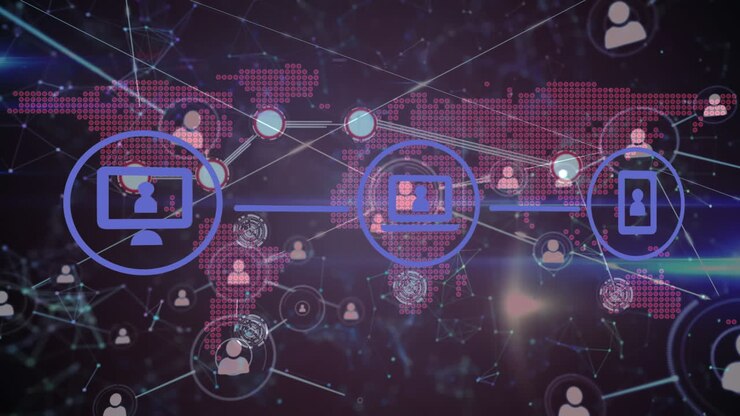 Animation of network of connections with icons and world map over black background