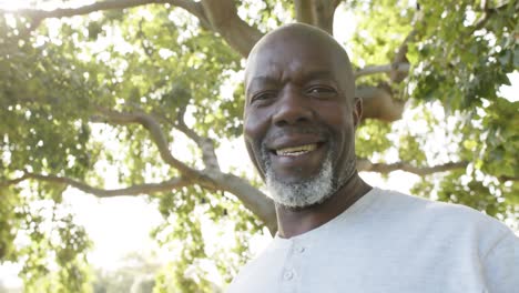 portrait of happy african american senior man in sunny garden, slow motion