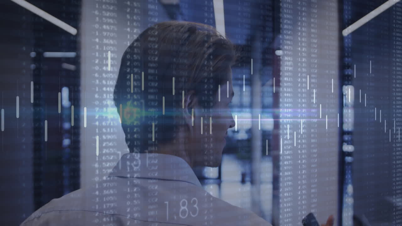 Analyzing financial data, businessman with stock market charts in office animation