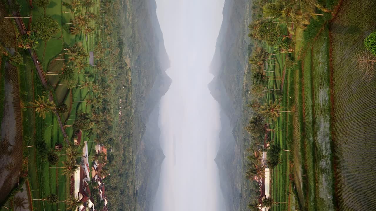 Scenic Aerial View of Agricultural Rice Terraces Parallel Dimension Inception Style Vertical Video