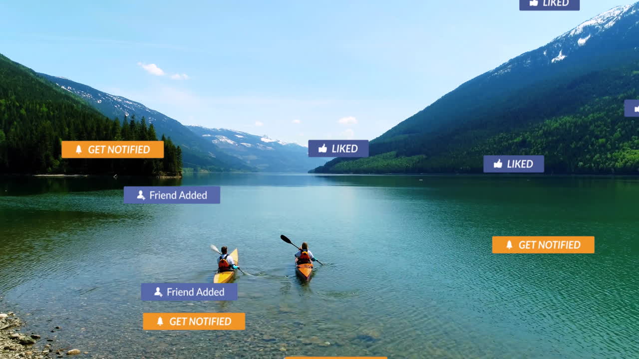 Kayakers on serene lake with social media notifications overlay animation