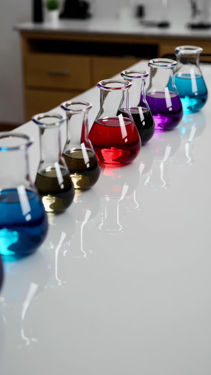Colorful Liquids in Laboratory Flasks
