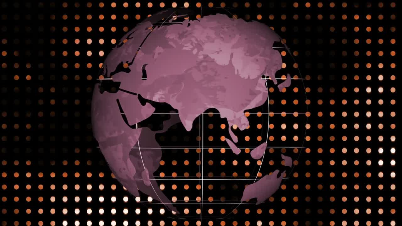 animación de un globo rotativo de patrón de cuadrícula sobre círculos contra un fondo negro