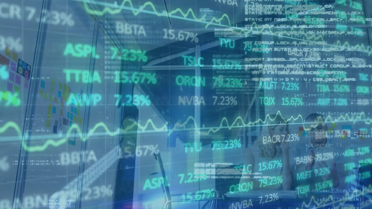 animazione dell'elaborazione dei dati del mercato azionario su diversi colleghi maschi e femmine che discutono
