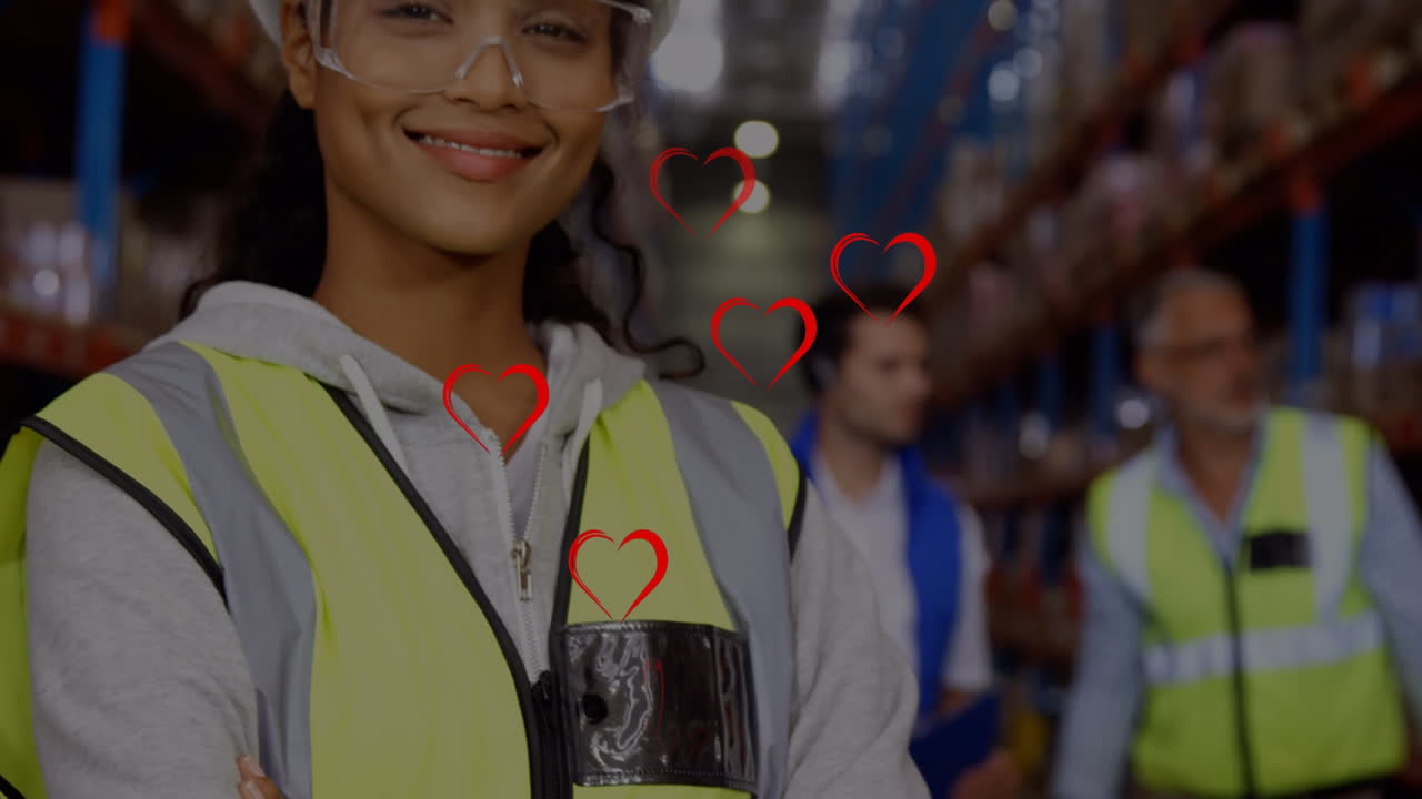animación de corazones rojos sobre trabajadora biracial y colegas en el almacén