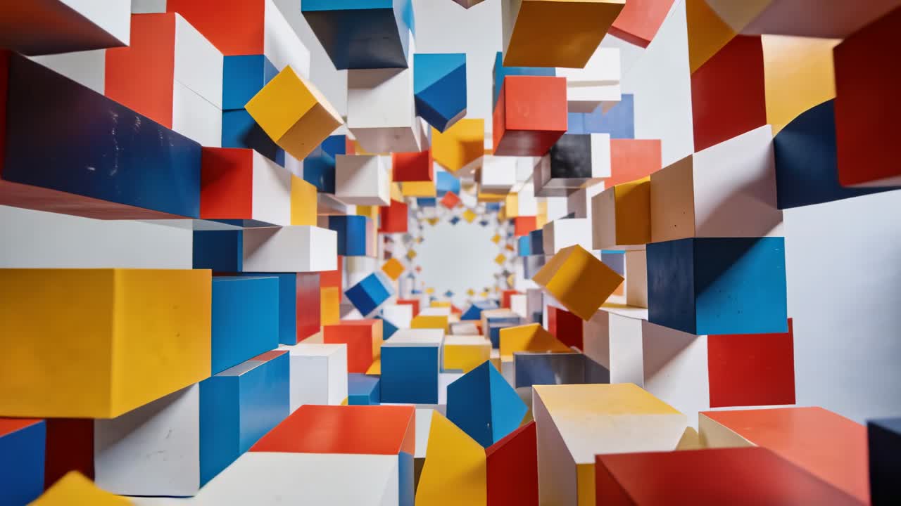 Drawing tunnel of red blue yellow blocks and cubes, pulling viewer toward bright circular opening