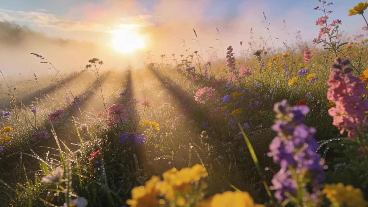 Rising sun warming low colorful wildflower patch in meadow catching sunbeams and sparkling with dew