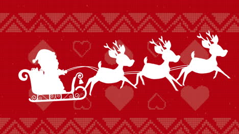 animation of white silhouette of santa in christmas sleigh with reindeer on red patterned background