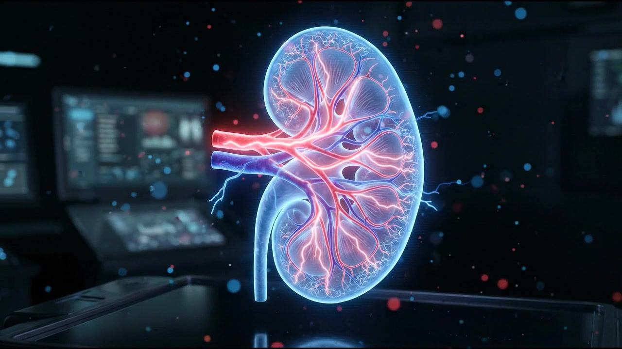 Single human kidney model with highlighted renal artery and vein