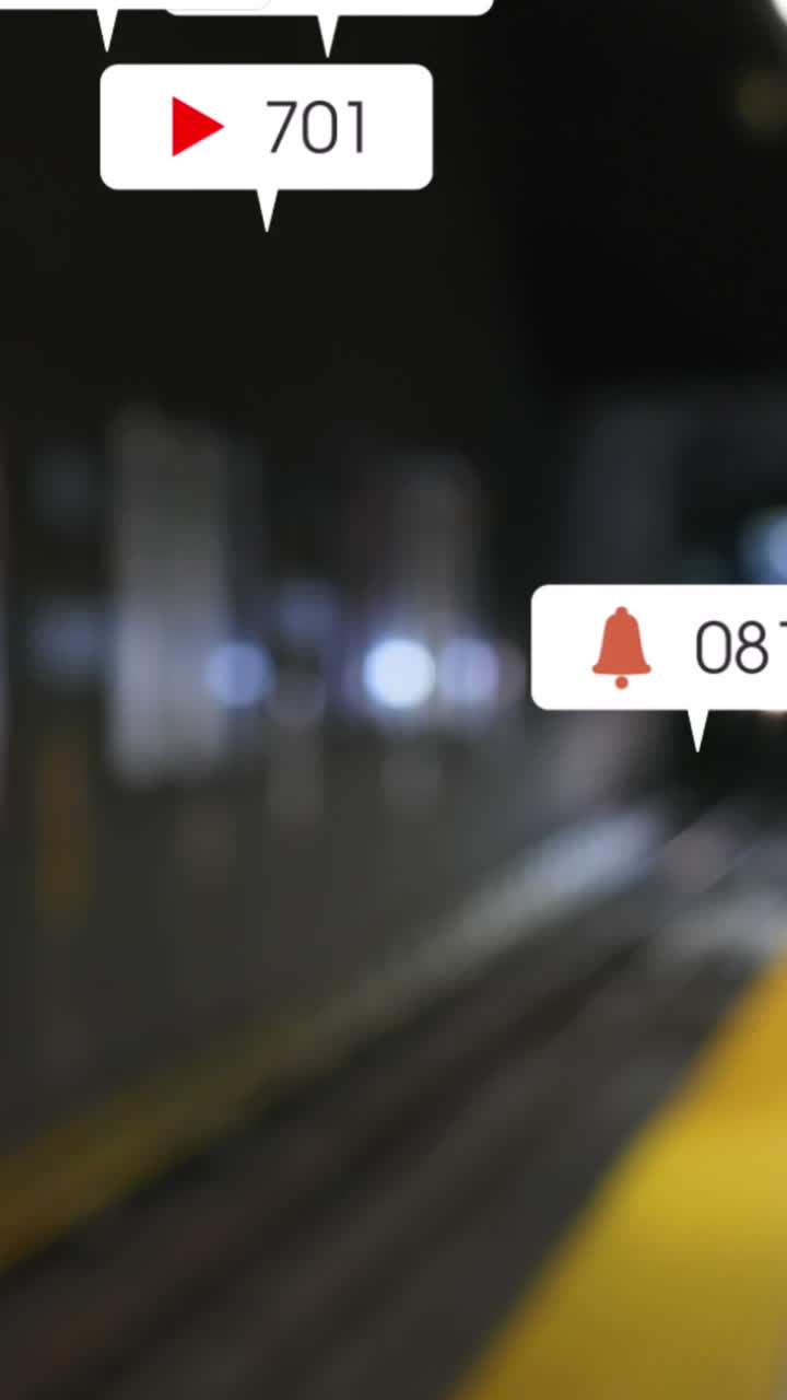 Animation of social media icons and numbers over train in station