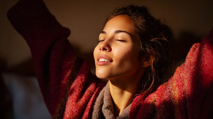 A serene moment captured in soft light, showcasing a woman with closed eyes and raised arms in an expression of joy, tranquility, and contentment, wrapped in a cozy blanket, embodying peace and relaxation