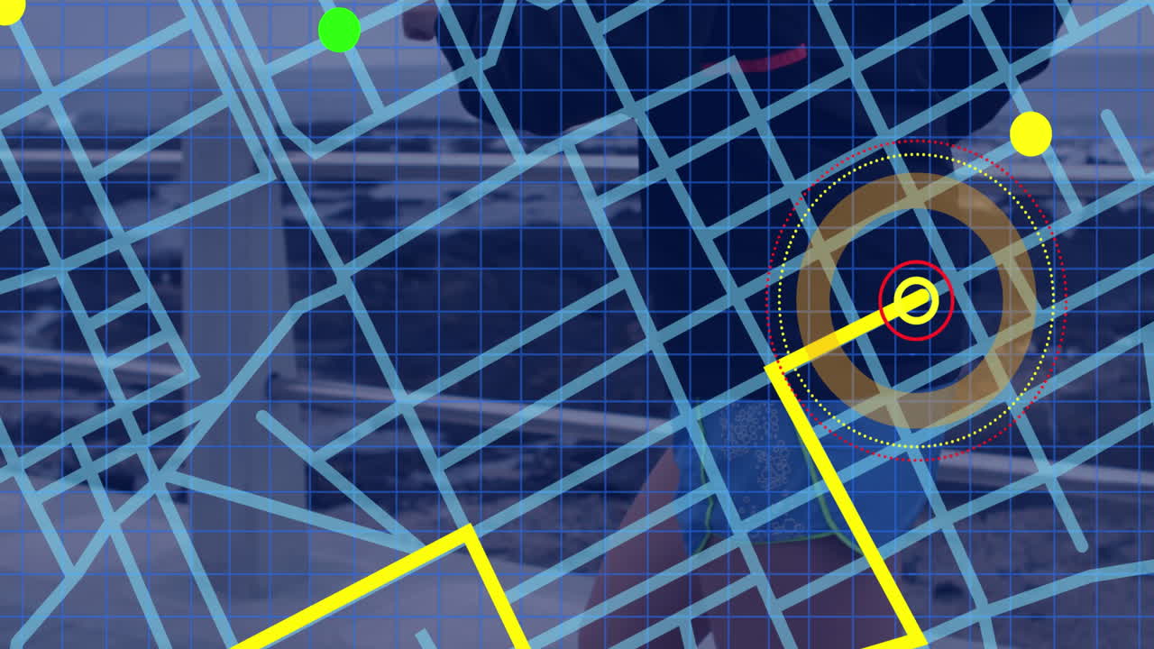 esquema de la línea de navegación del mapa contra la mujer en forma caucásica corriendo en el paseo marítimo